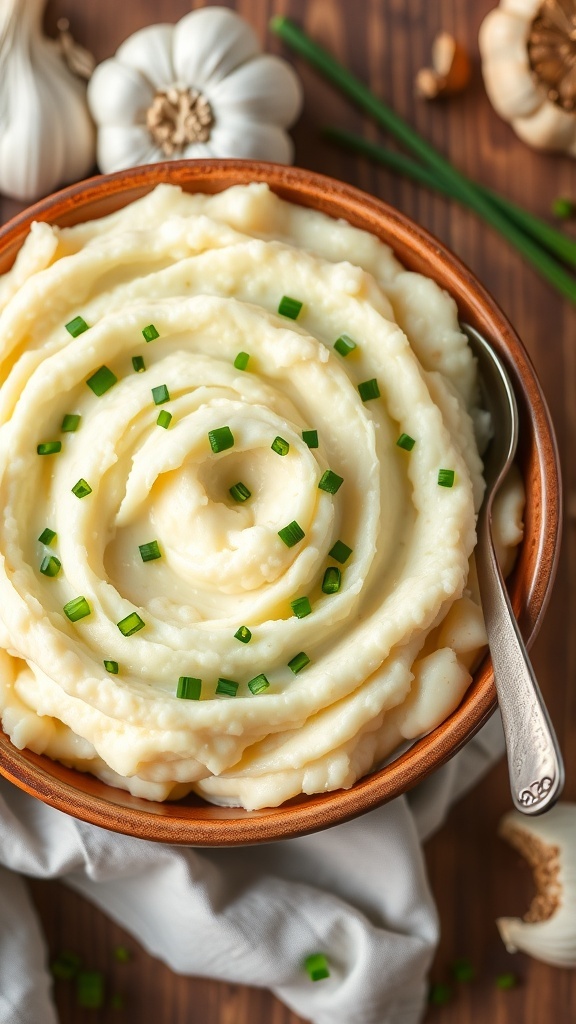 A bowl of creamy mashed garlic cauliflower garnished with chives, on a rustic wooden table with garlic cloves.
